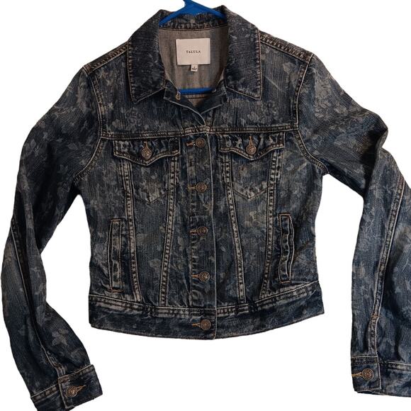 Talula Aritzia Cropped Denim Jacket Womens Small Dark Rinse Floral Print Boho - Picture 1 of 15